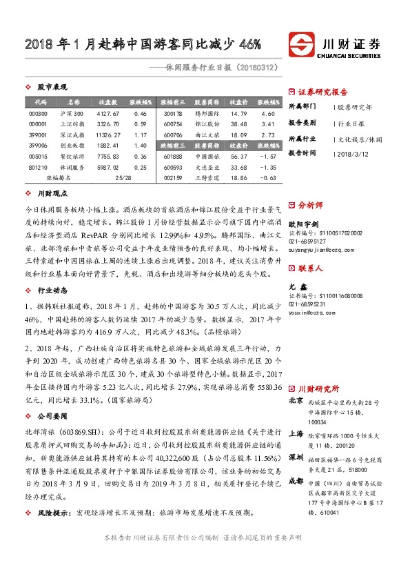休闲服务行业日报：2018年1月赴韩中国游客同比减少46%