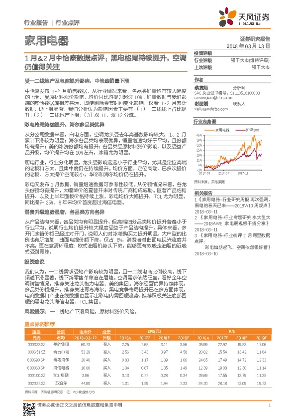 家用电器行业点评：1月&2月中怡康数据点评：黑电格局持续提升，空调仍值得关注