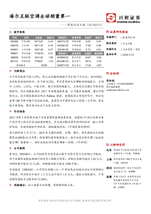 家电行业日报：海尔互联空调全球销量第一