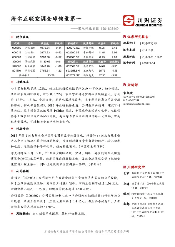家电行业日报：海尔互联空调全球销量第一