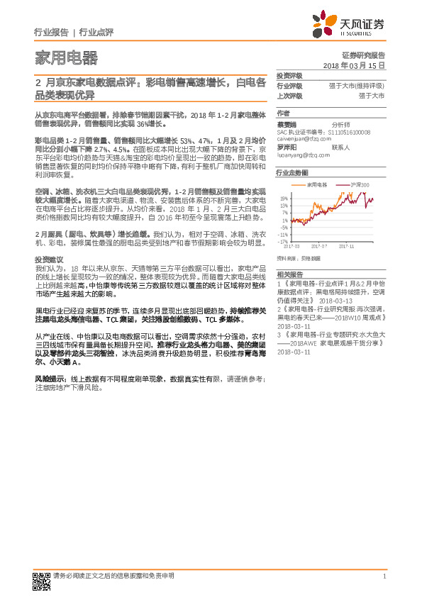 2月京东家电数据点评：彩电销售高速增长，白电各品类表现优异