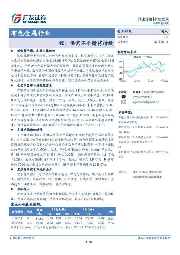 有色金属行业：锂：供需不平衡将持续