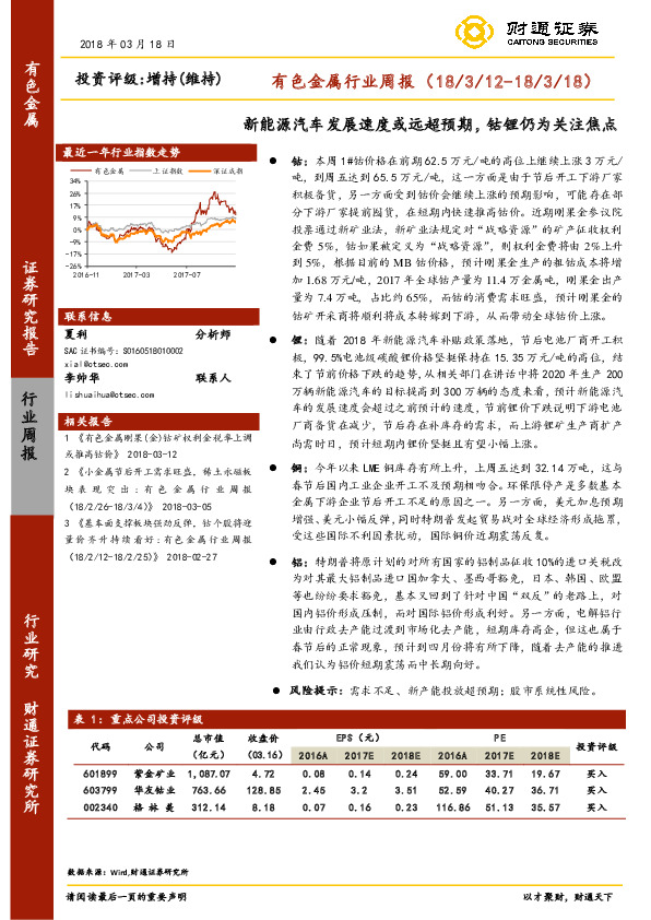 有色金属行业周报：新能源汽车发展速度或远超预期，钴锂仍为关注焦点