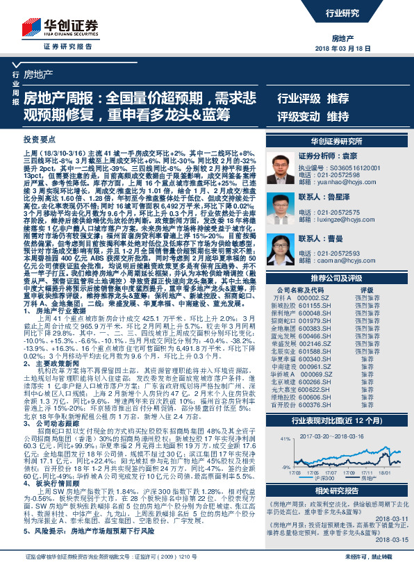 房地产周报：全国量价超预期，需求悲观预期修复，重申看多龙头&蓝筹