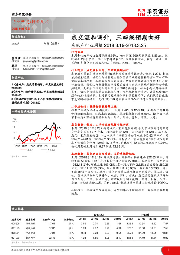 房地产行业周报：成交温和回升，三四线预期向好