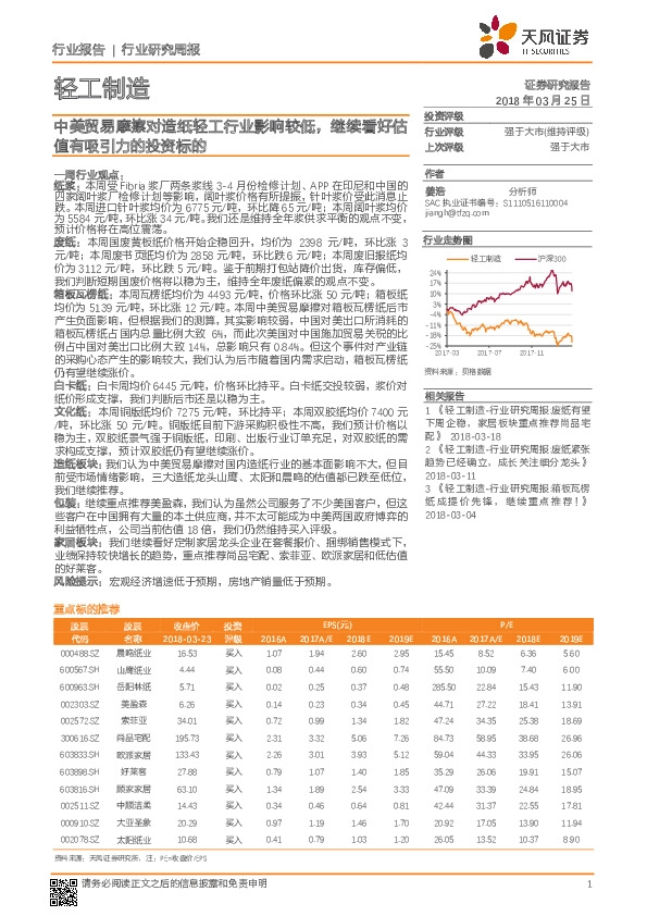 轻工制造行业研究周报：中美贸易摩擦对造纸轻工行业影响较低，继续看好估值有吸引力的投资标的