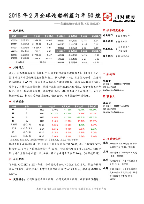 交通运输行业日报：2018年2月全球造船新签订单50艘