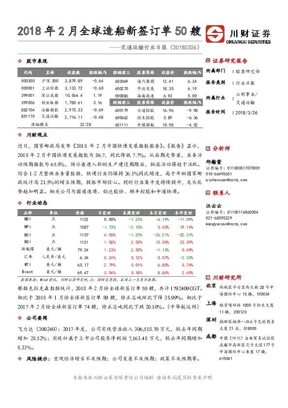 交通运输行业日报：2018年2月全球造船新签订单50艘