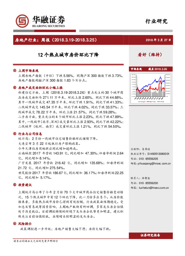 房地产行业周报：12个热点城市房价环比下降