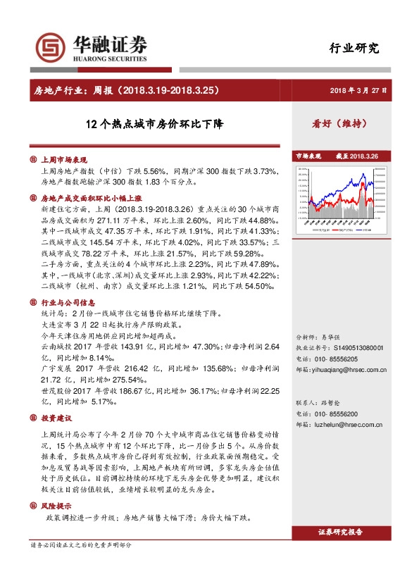 房地产行业周报：12个热点城市房价环比下降