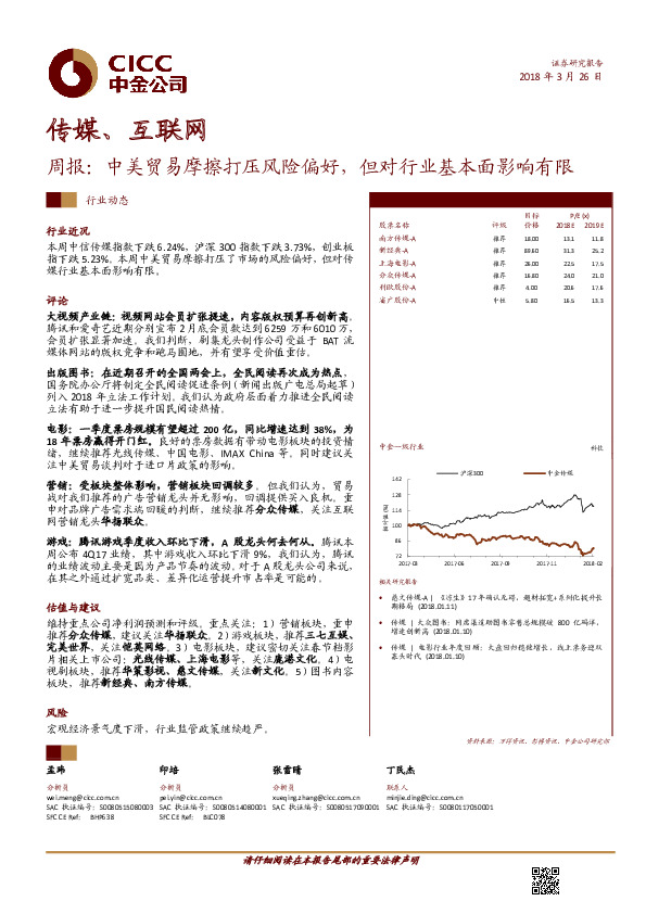 传媒、互联网行业周报：中美贸易摩擦打压风险偏好，但对行业基本面影响有限