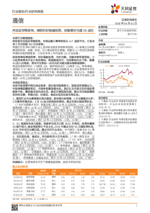 通信行业研究周报：阿里进军物联网，减税利好基建投资，持续看好光通5G成长