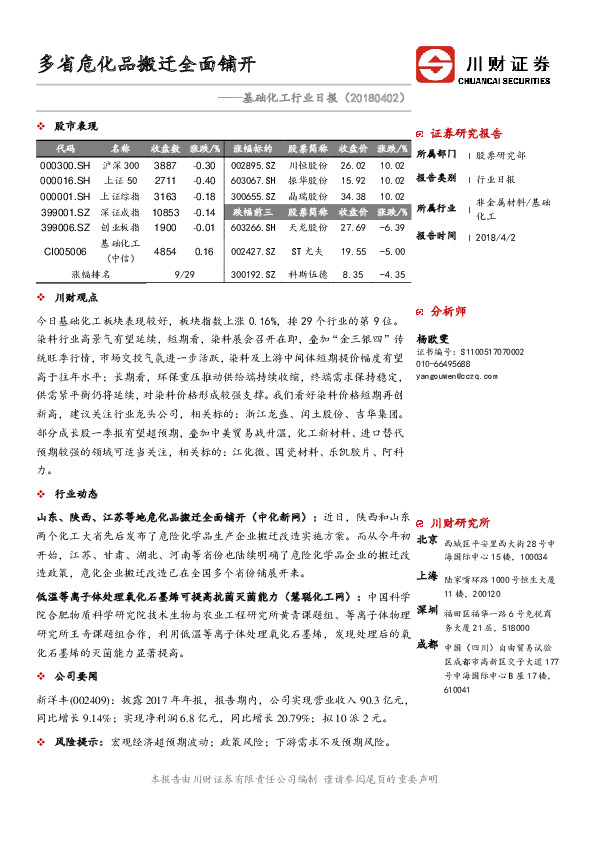 基础化工行业日报：多省危化品搬迁全面铺开