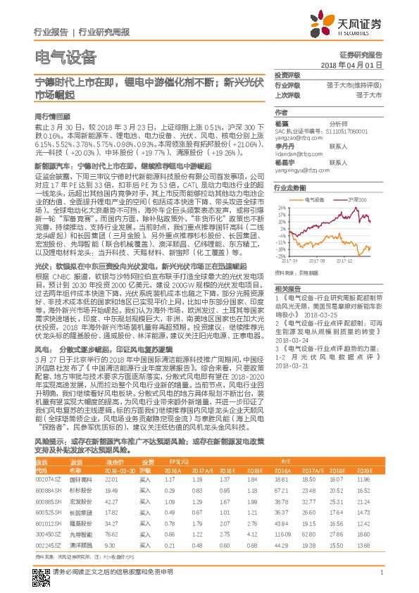 电气设备行业研究周报：宁德时代上市在即，锂电中游催化剂不断；新兴光伏市场崛起