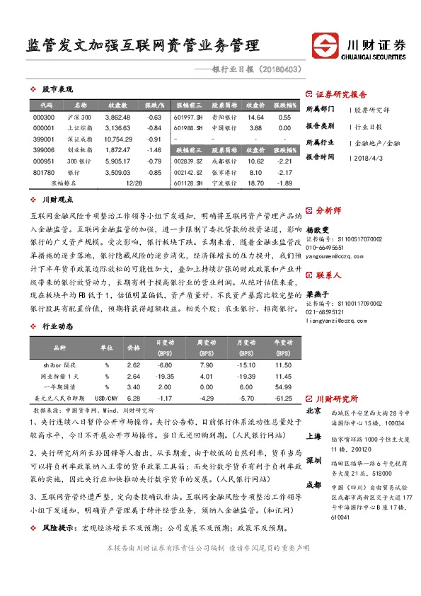 银行业日报：监管发文加强互联网资管业务管理