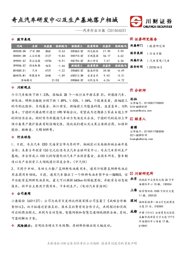 汽车行业日报：奇点汽车研发中心及生产基地落户相城