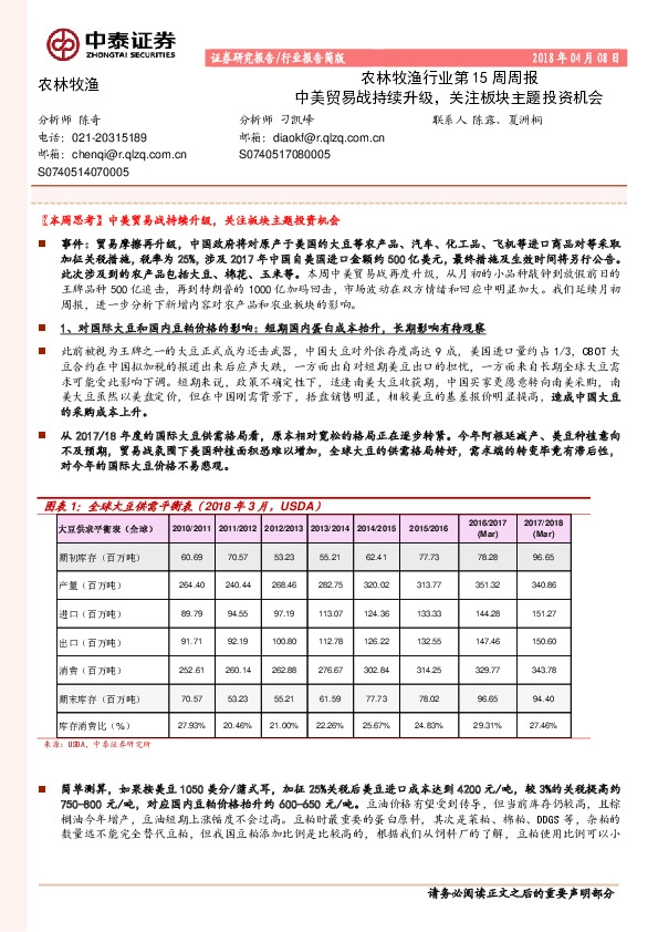 农林牧渔行业第15周周报：中美贸易战持续升级，关注板块主题投资机会