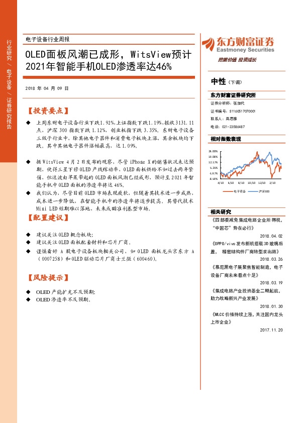电子设备行业周报：OLED面板风潮已成形，WitsView预计2021年智能手机OLED渗透率达46%