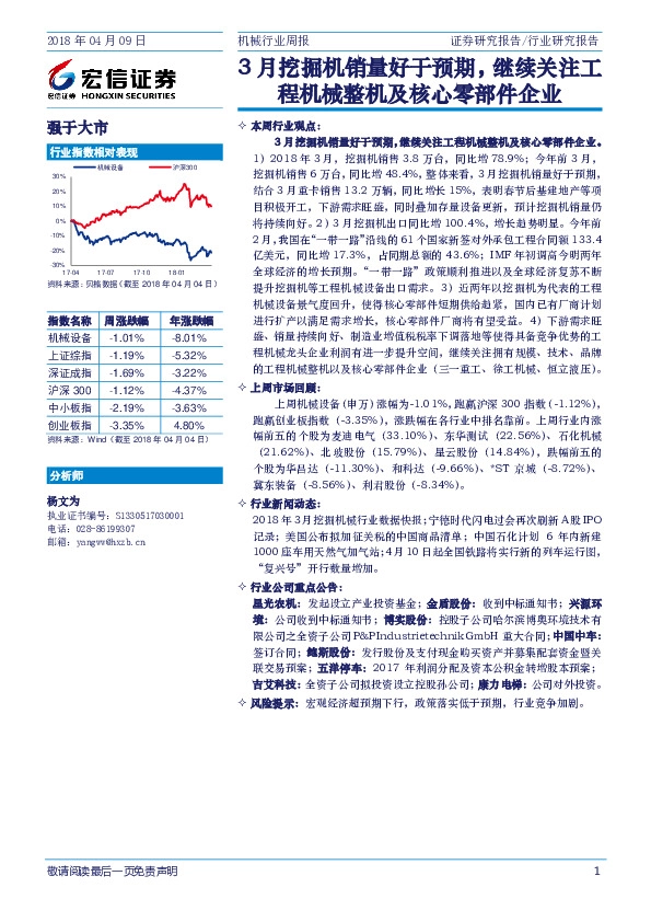 机械行业周报：3月挖掘机销量好于预期，继续关注工程机械整机及核心零部件企业