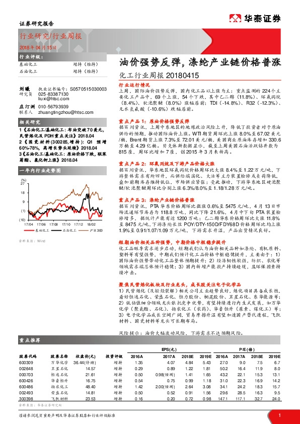 化工行业周报：油价强势反弹，涤纶产业链价格普涨