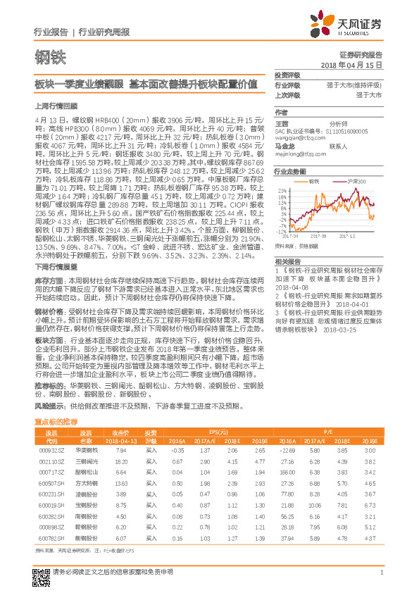钢铁：板块一季度业绩靓眼 基本面改善提升板块配置价值