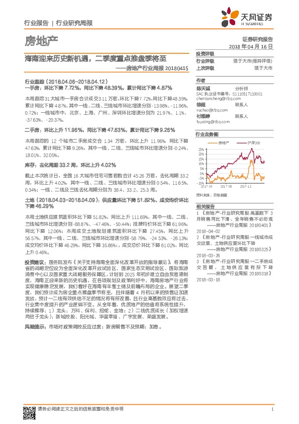 房地产行业周报：海南迎来历史新机遇，二季度重点推盘季将至