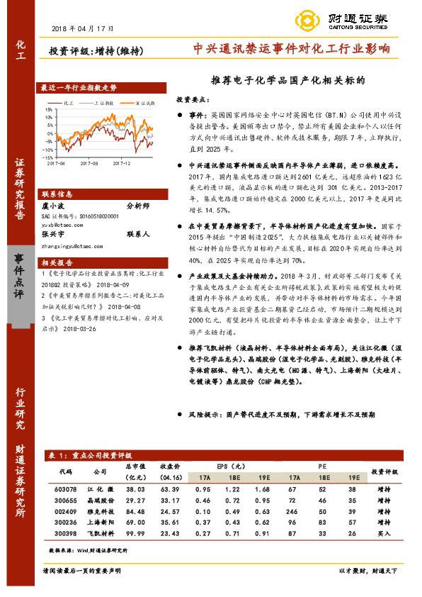 中兴通讯禁运事件对化工行业影响：推荐电子化学品国产化相关标的