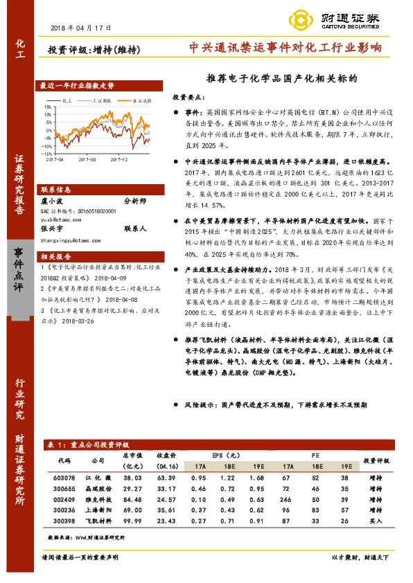 中兴通讯禁运事件对化工行业影响：推荐电子化学品国产化相关标的