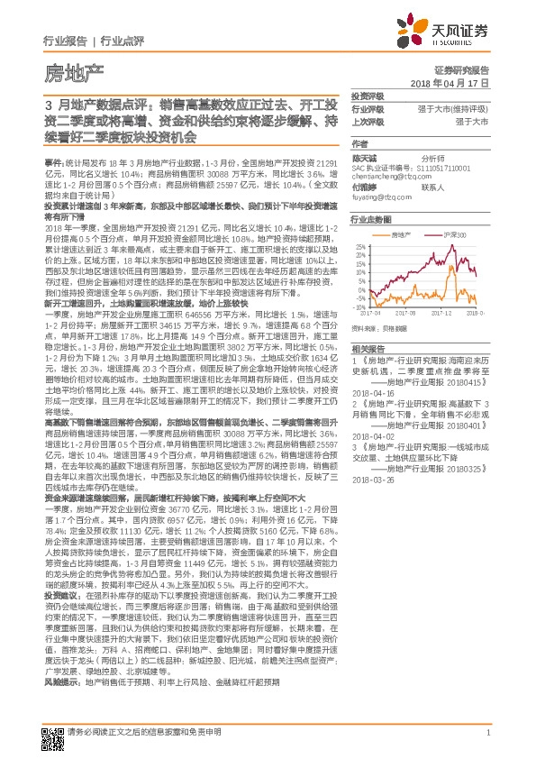 3月地产数据点评：销售高基数效应正过去、开工投资二季度或将高增、资金和供给约束将逐步缓解、持续看好二季度板块投资机会