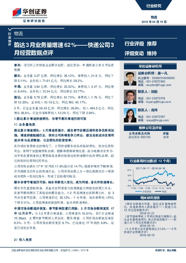 物流行业快递公司3月经营数据点评：韵达3月业务量增速62%