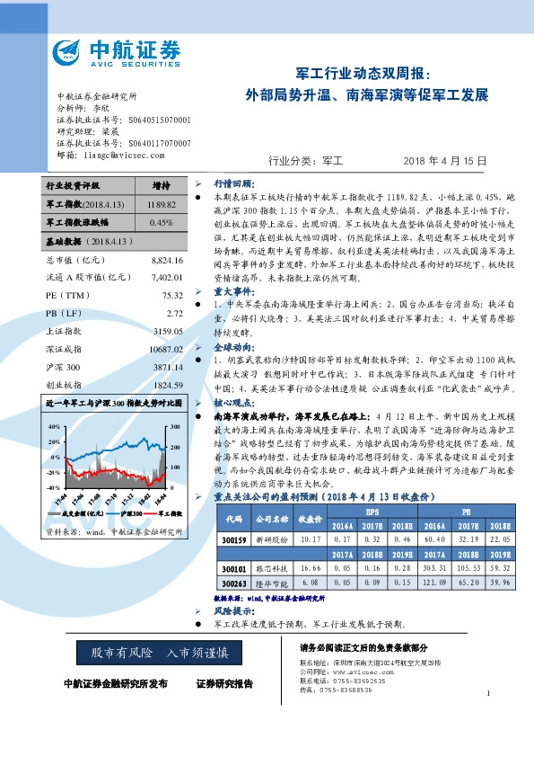 军工行业动态双周报：外部局势升温、南海军演等促军工发展