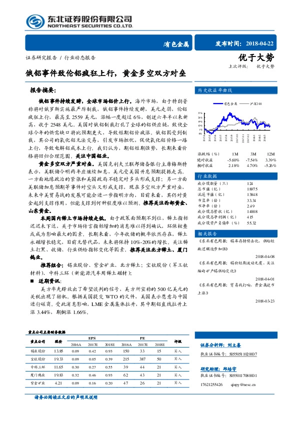 有色金属行业动态报告：俄铝事件致伦铝疯狂上行，黄金多空双方对垒