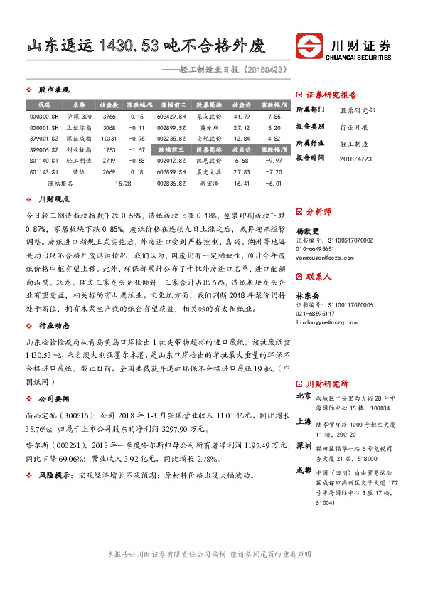 轻工制造业日报：山东退运1430.53吨不合格外废