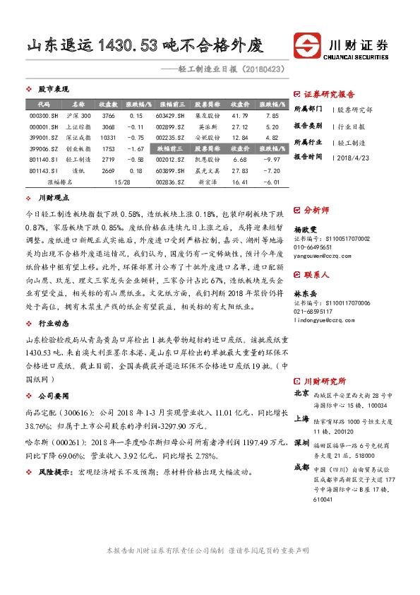 轻工制造业日报：山东退运1430.53吨不合格外废