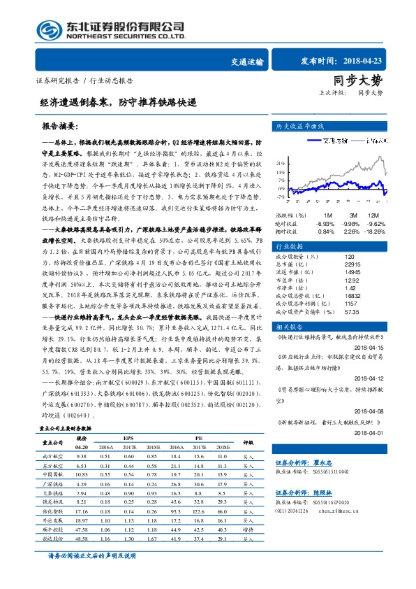 交通运输行业动态报告：经济遭遇倒春寒，防守推荐铁路快递