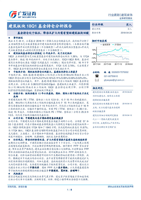 建筑板块18Q1基金持仓分析报告：基金持仓处于低位，降准及扩大内需有望助建筑板块回暖