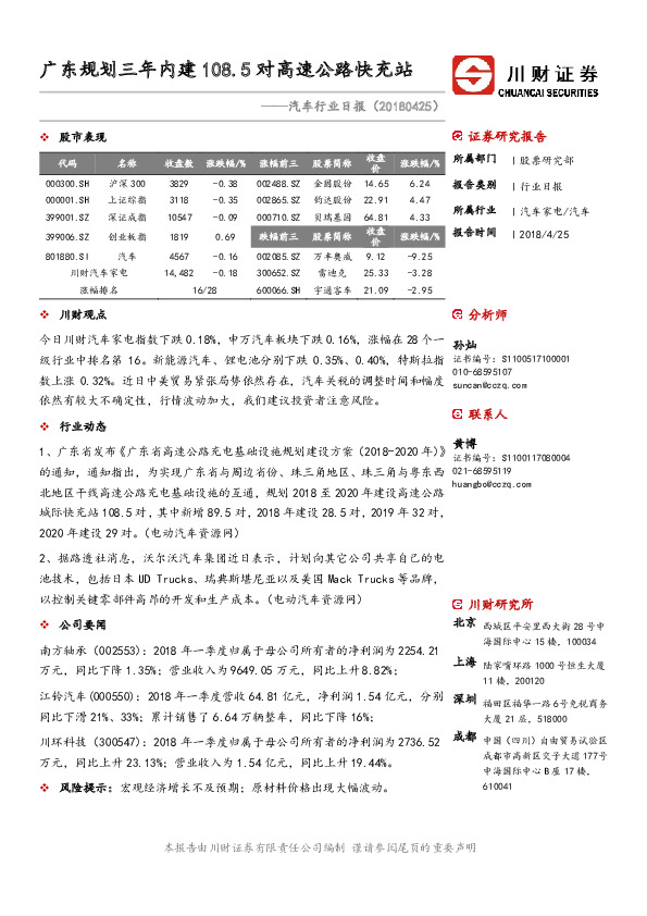 汽车行业日报：广东规划三年内建108.5对高速公路快充站