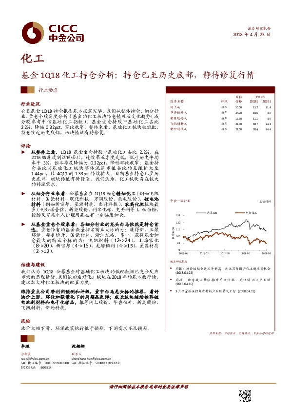 化工：基金1Q18化工持仓分析：持仓已至历史底部，静待修复行情