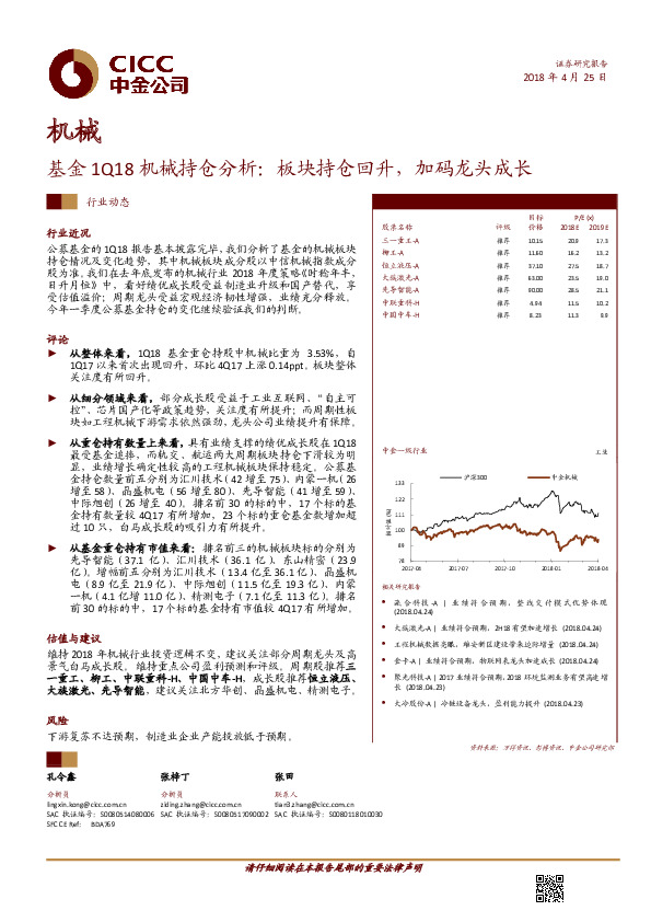 基金1Q18机械持仓分析：板块持仓回升，加码龙头成长
