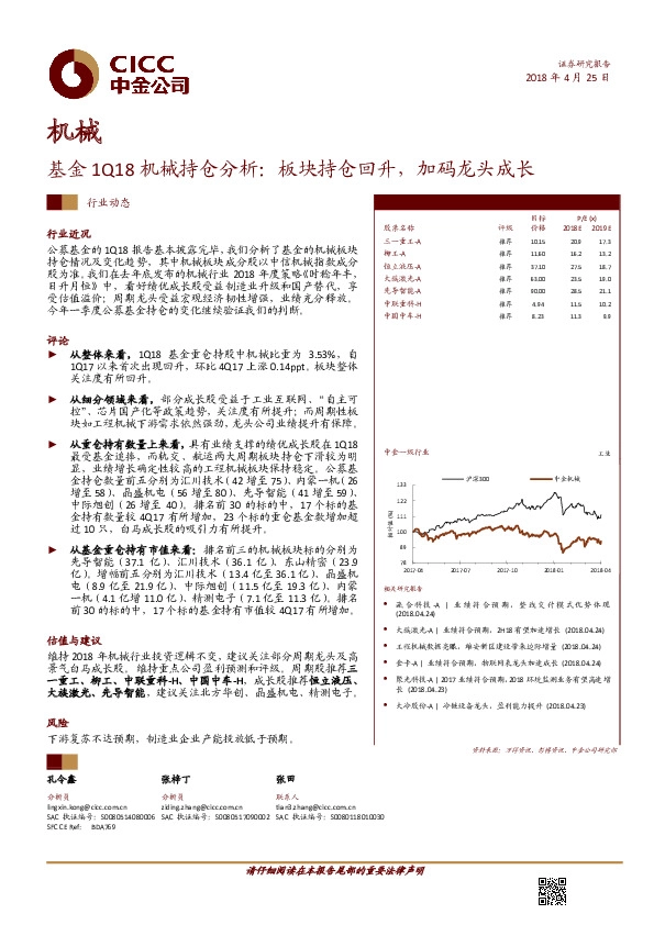 基金1Q18机械持仓分析：板块持仓回升，加码龙头成长