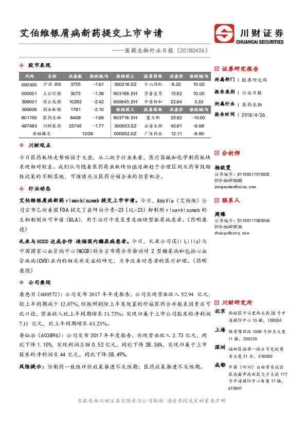 医药生物行业日报：艾伯维银屑病新药提交上市申请