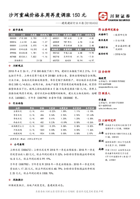建筑建材行业日报：沙河重碱价格本周再度调涨150元