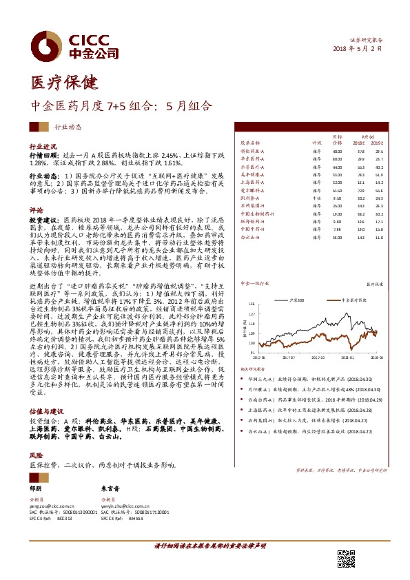 医疗保健行业动态：中金医药月度7+5组合：5月组合