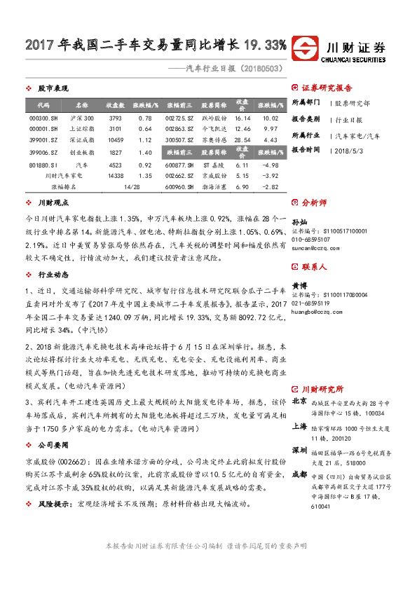 汽车行业日报：2017年我国二手车交易量同比增长19.33%