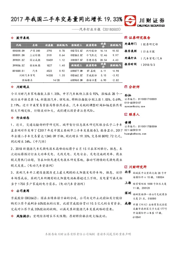 汽车行业日报：2017年我国二手车交易量同比增长19.33%