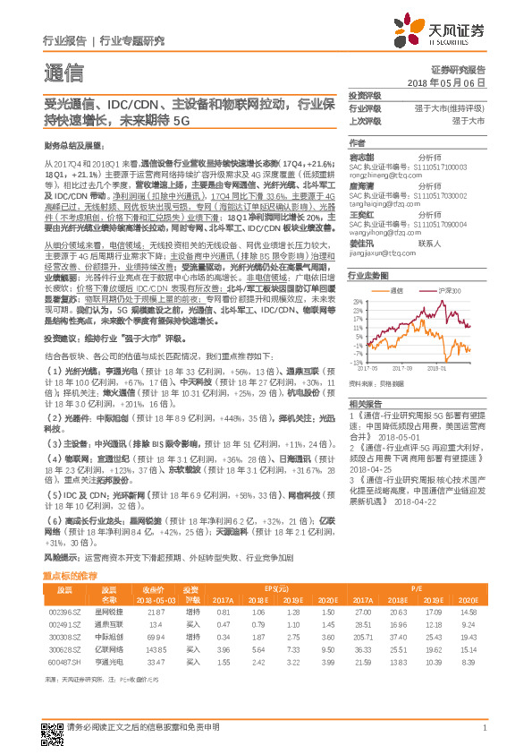 通信行业专题研究：受光通信、IDC/CDN、主设备和物联网拉动，行业保持快速增长，未来期待5G