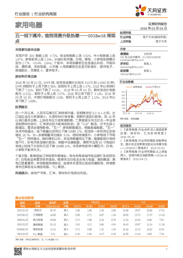 家用电器2018w18周观点：五一线下遇冷，难挡消费升级热潮