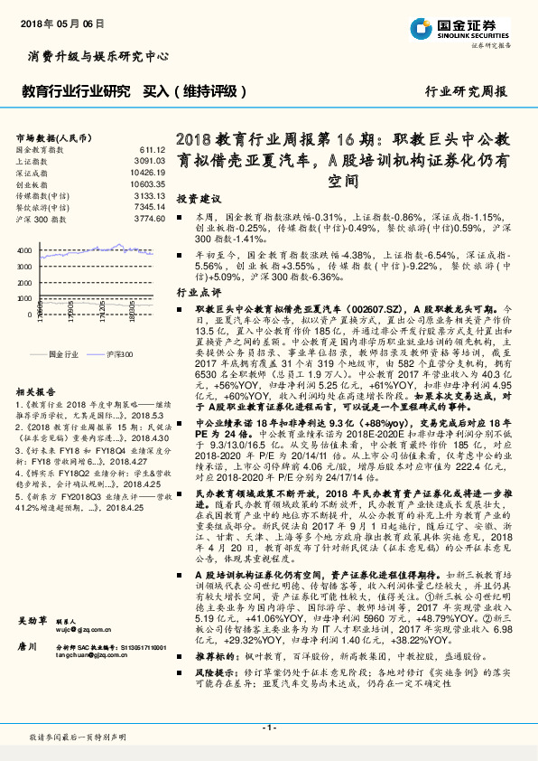 2018教育行业周报第16期：职教巨头中公教育拟借壳亚夏汽车，A股培训机构证券化仍有空间