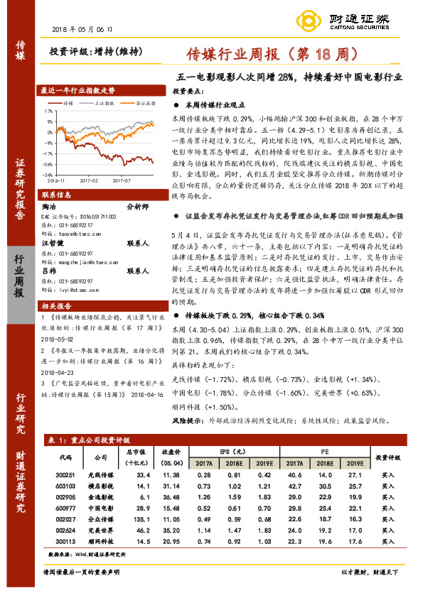 传媒行业周报（第18周）：五一电影观影人次同增28%，持续看好中国电影行业