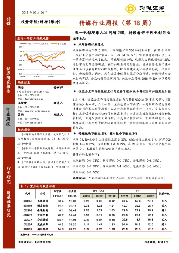 传媒行业周报（第18周）：五一电影观影人次同增28%，持续看好中国电影行业